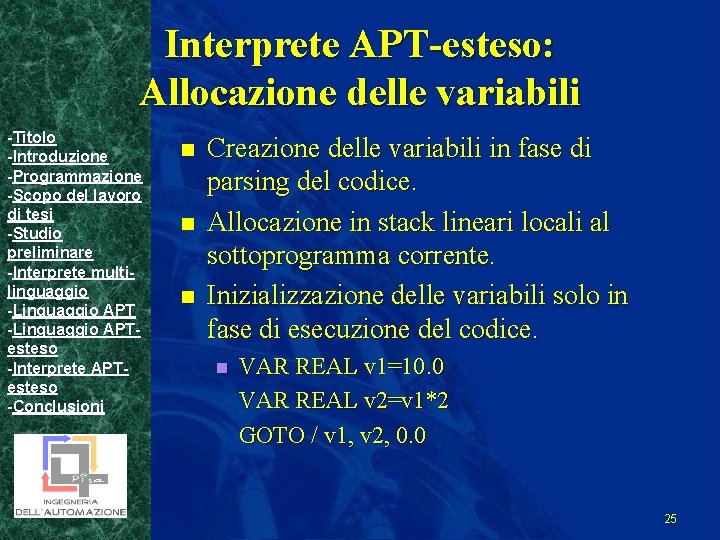 Interprete APT-esteso: Allocazione delle variabili -Titolo -Introduzione -Programmazione -Scopo del lavoro di tesi -Studio