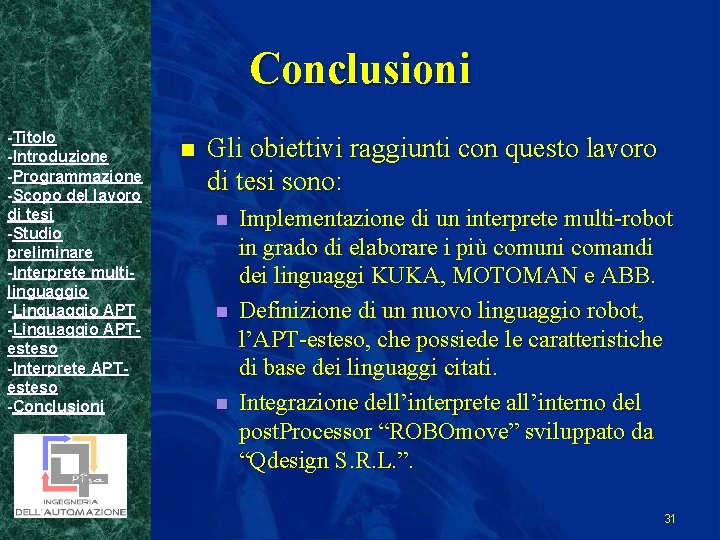 Conclusioni -Titolo -Introduzione -Programmazione -Scopo del lavoro di tesi -Studio preliminare -Interprete multilinguaggio -Linguaggio