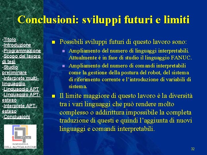 Conclusioni: sviluppi futuri e limiti -Titolo -Introduzione -Programmazione -Scopo del lavoro di tesi -Studio