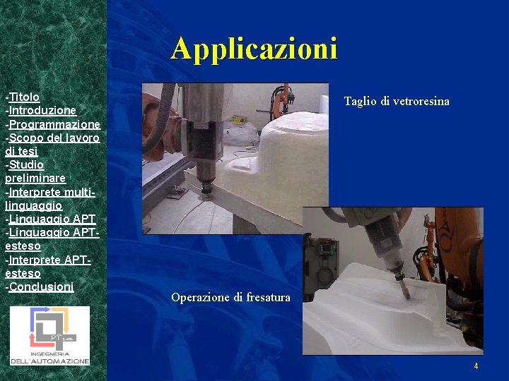 Applicazioni -Titolo -Introduzione -Programmazione -Scopo del lavoro di tesi -Studio preliminare -Interprete multilinguaggio -Linguaggio