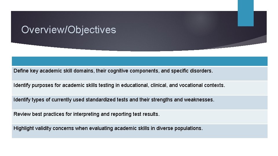 Overview/Objectives Define key academic skill domains, their cognitive components, and specific disorders. Identify purposes