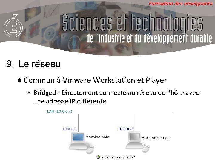 Formation des enseignants 9. Le réseau ● Commun à Vmware Workstation et Player •