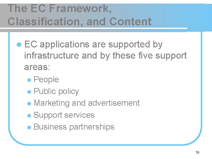 The EC Framework, Classification, and Content l EC applications are supported by infrastructure and