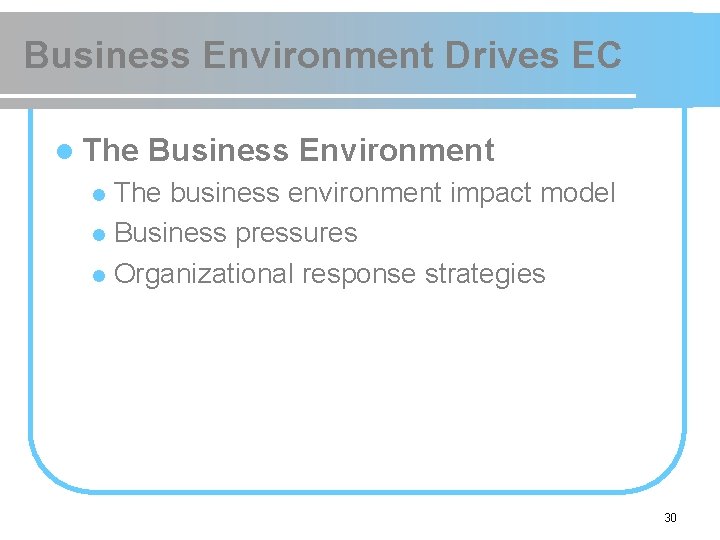 Business Environment Drives EC l The Business Environment The business environment impact model l