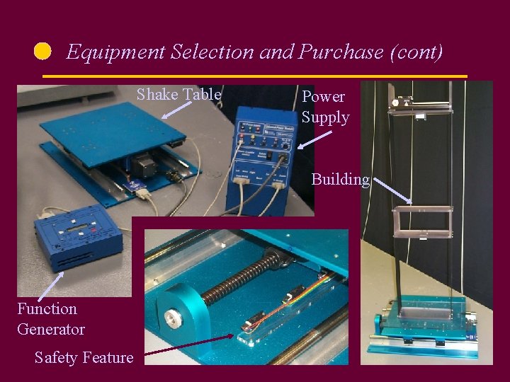 Equipment Selection and Purchase (cont) Shake Table Power Supply Building Function Generator Safety Feature