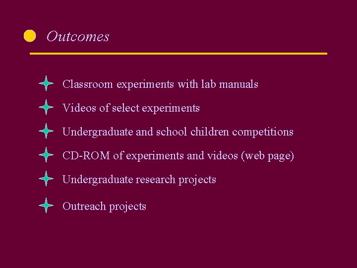 Outcomes Classroom experiments with lab manuals Videos of select experiments Undergraduate and school children