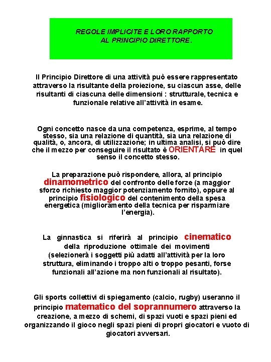 REGOLE IMPLICITE E LORO RAPPORTO AL PRINCIPIO DIRETTORE. Il Principio Direttore di una attività