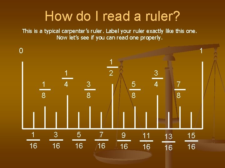 How do I read a ruler? This is a typical carpenter’s ruler. Label your How do I read a ruler? This is a typical carpenter’s ruler. Label your