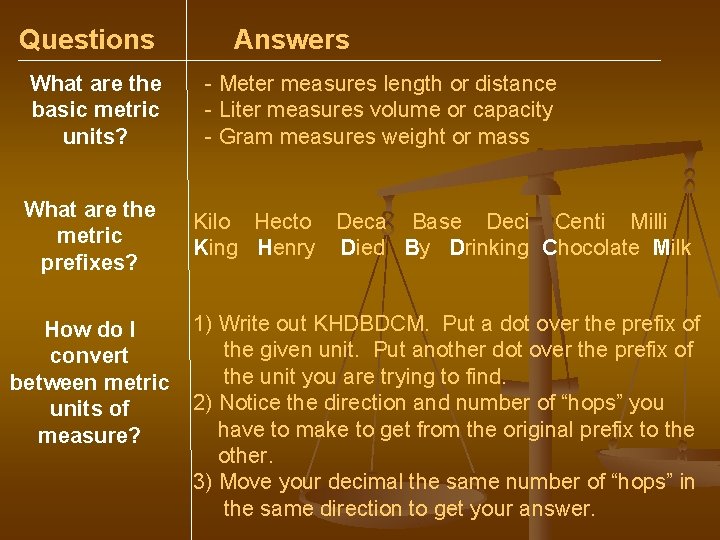 Questions What are the basic metric units? What are the metric prefixes? How do Questions What are the basic metric units? What are the metric prefixes? How do