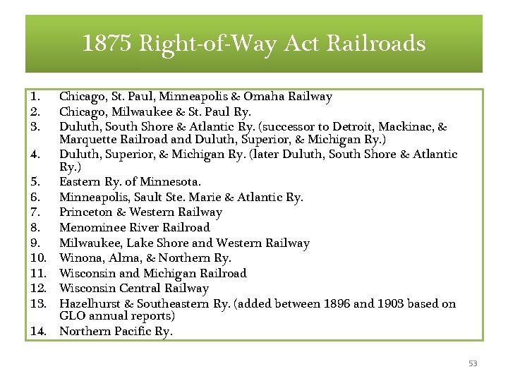 1875 Right-of-Way Act Railroads 1. 2. 3. 4. 5. 6. 7. 8. 9. 10. 1875 Right-of-Way Act Railroads 1. 2. 3. 4. 5. 6. 7. 8. 9. 10.