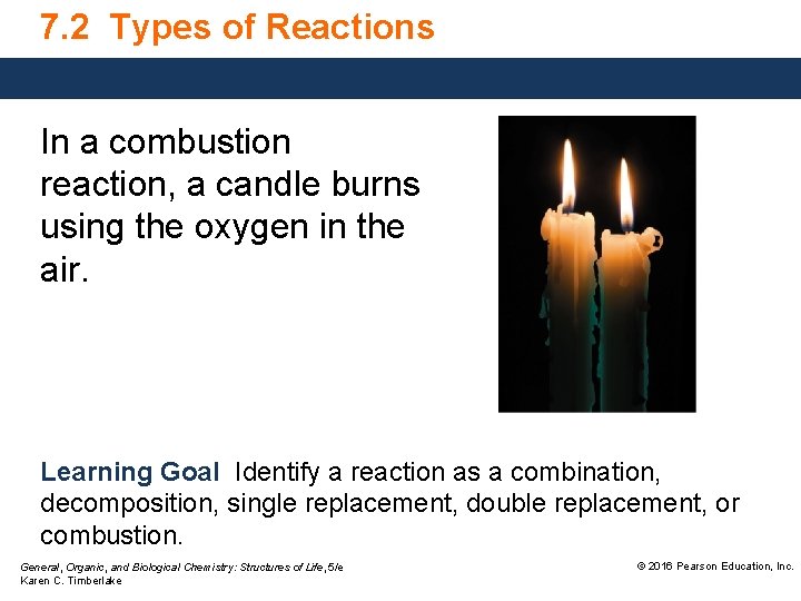7. 2 Types of Reactions In a combustion reaction, a candle burns using the