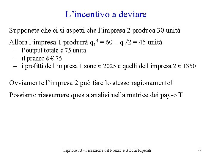 L’incentivo a deviare Supponete che ci si aspetti che l’impresa 2 produca 30 unità