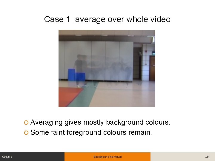 Case 1: average over whole video Averaging gives mostly background colours. Some faint foreground