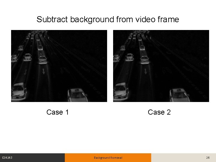Subtract background from video frame Case 1 CS 4243 Case 2 Background Removal 26