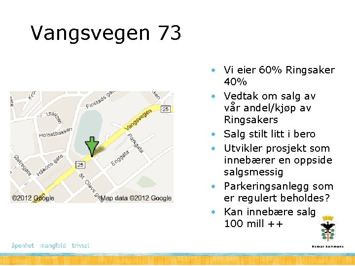 Vangsvegen 73 • Vi eier 60% Ringsaker 40% • Vedtak om salg av vår