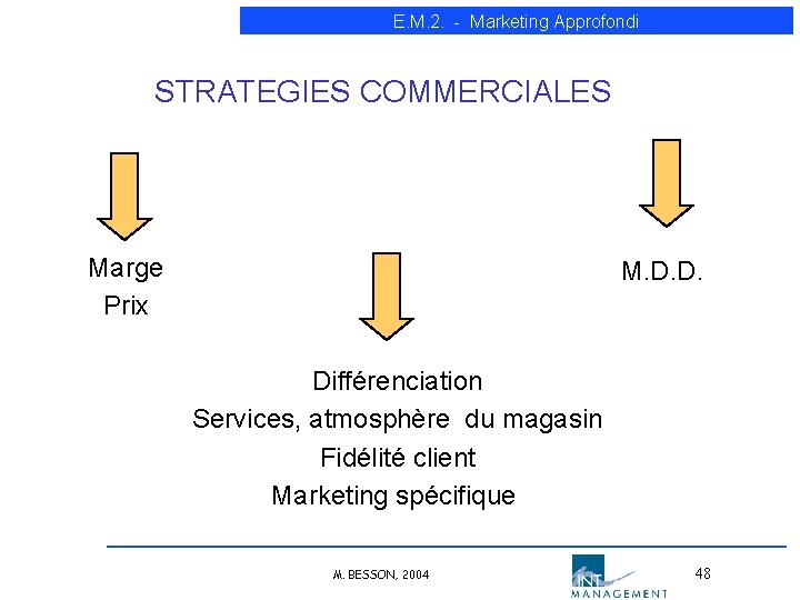 E. M. 2. - Marketing Approfondi STRATEGIES COMMERCIALES Marge Prix M. D. D. Différenciation E. M. 2. - Marketing Approfondi STRATEGIES COMMERCIALES Marge Prix M. D. D. Différenciation