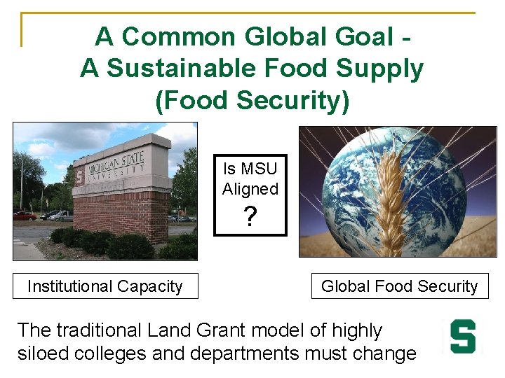 A Common Global Goal A Sustainable Food Supply (Food Security) Is MSU Aligned ?