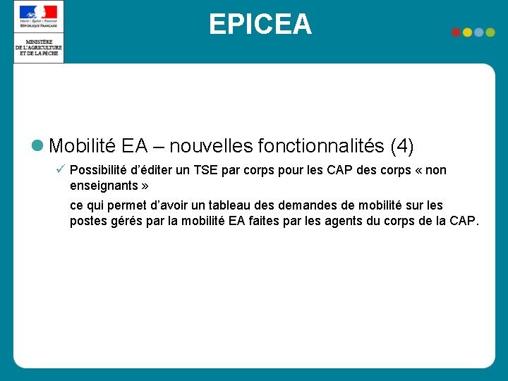 EPICEA Mobilité EA – nouvelles fonctionnalités (4) Possibilité d’éditer un TSE par corps pour