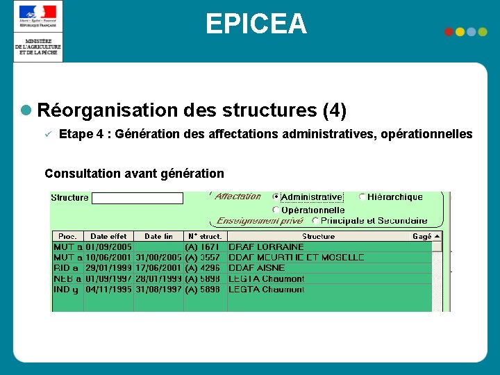 EPICEA Réorganisation des structures (4) Etape 4 : Génération des affectations administratives, opérationnelles Consultation