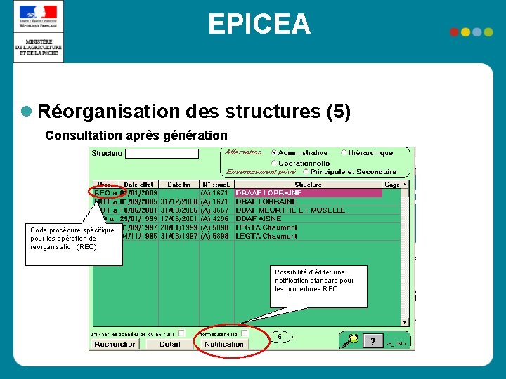 EPICEA Réorganisation des structures (5) Consultation après génération Code procédure spécifique pour les opération