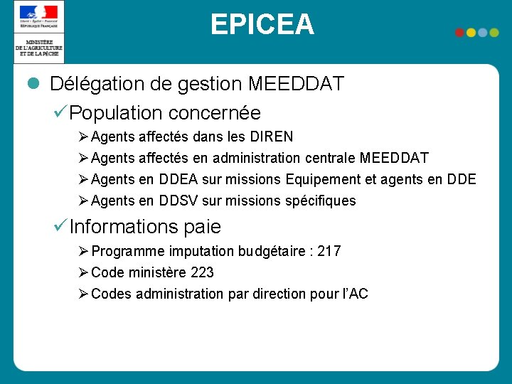 EPICEA Délégation de gestion MEEDDAT Population concernée Agents affectés dans les DIREN Agents affectés