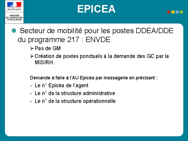 EPICEA Secteur de mobilité pour les postes DDEA/DDE du programme 217 : ENVDE Pas