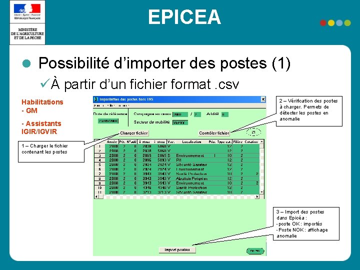 EPICEA Possibilité d’importer des postes (1) À partir d’un fichier format. csv Habilitations -