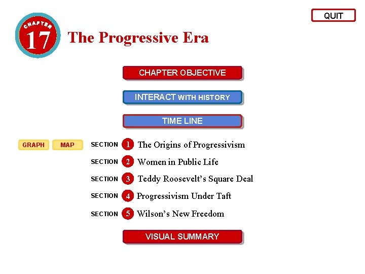 QUIT 17 The Progressive Era CHAPTER OBJECTIVE INTERACT WITH HISTORY TIME LINE GRAPH MAP