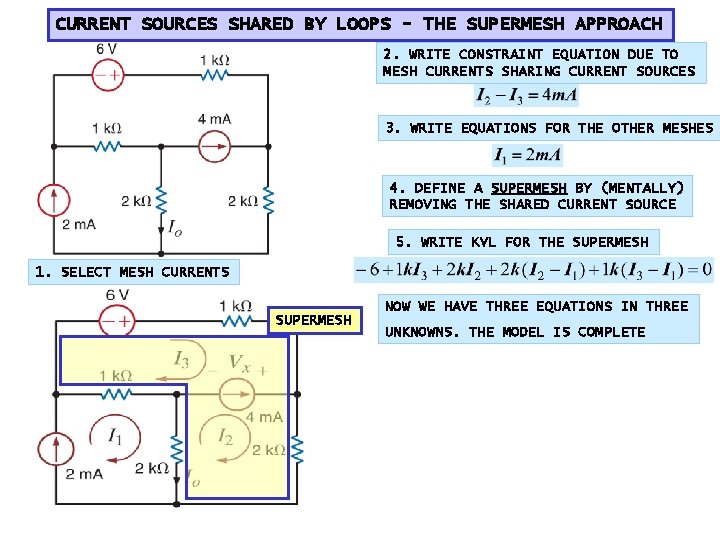 CURRENT SOURCES SHARED BY LOOPS - THE SUPERMESH APPROACH 2. WRITE CONSTRAINT EQUATION DUE CURRENT SOURCES SHARED BY LOOPS - THE SUPERMESH APPROACH 2. WRITE CONSTRAINT EQUATION DUE