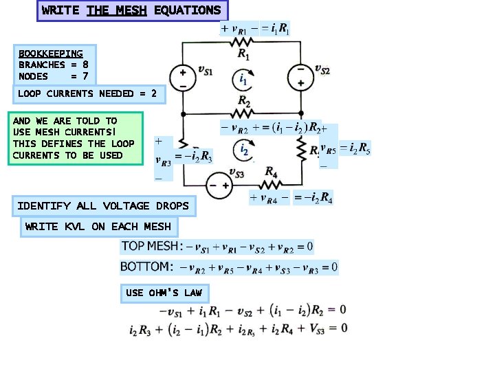 WRITE THE MESH EQUATIONS BOOKKEEPING BRANCHES = 8 NODES = 7 LOOP CURRENTS NEEDED WRITE THE MESH EQUATIONS BOOKKEEPING BRANCHES = 8 NODES = 7 LOOP CURRENTS NEEDED