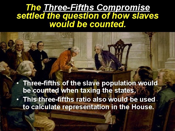 The Three-Fifths Compromise settled the question of how slaves would be counted. • Three-fifths