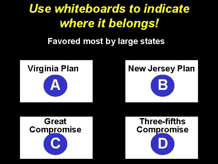 Use whiteboards to indicate where it belongs! Favored most by large states Virginia Plan