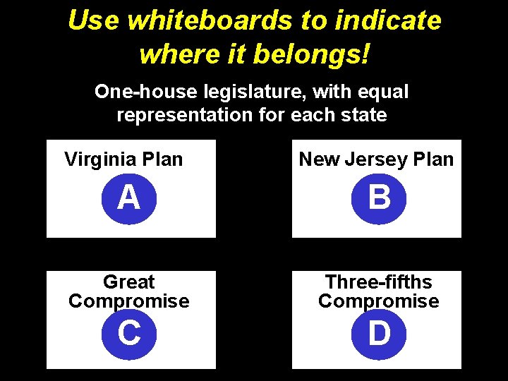 Use whiteboards to indicate where it belongs! One-house legislature, with equal representation for each