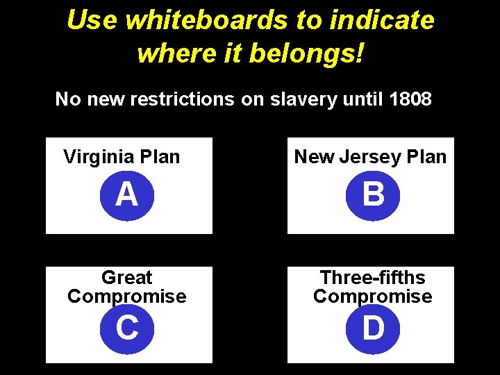 Use whiteboards to indicate where it belongs! No new restrictions on slavery until 1808