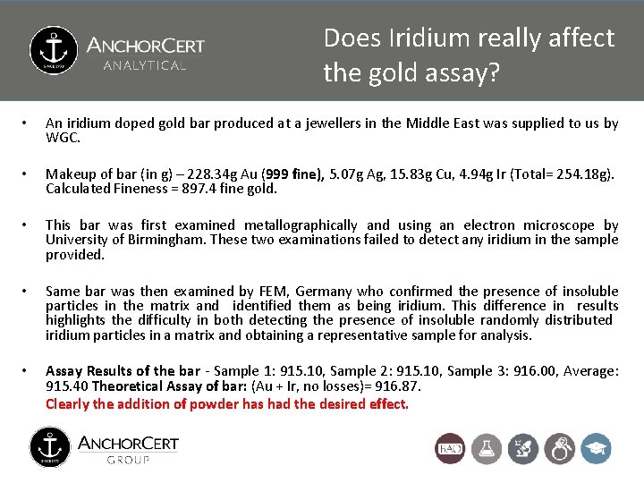 Does Iridium really affect the gold assay? • An iridium doped gold bar produced Does Iridium really affect the gold assay? • An iridium doped gold bar produced