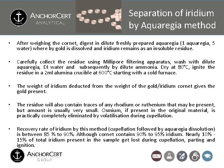 Separation of iridium by Aquaregia method • After weighing the cornet, digest in dilute Separation of iridium by Aquaregia method • After weighing the cornet, digest in dilute