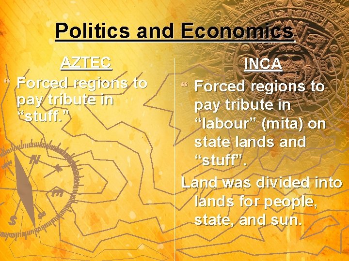 Politics and Economics AZTEC } Forced regions to pay tribute in “stuff. ” INCA