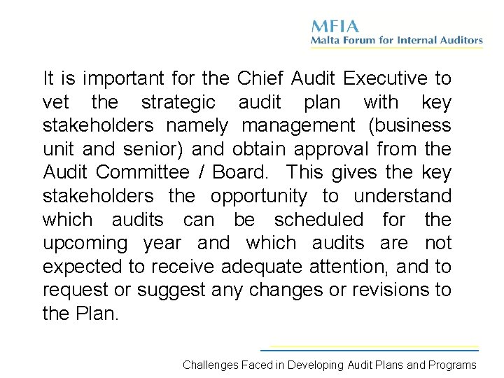 It is important for the Chief Audit Executive to vet the strategic audit plan
