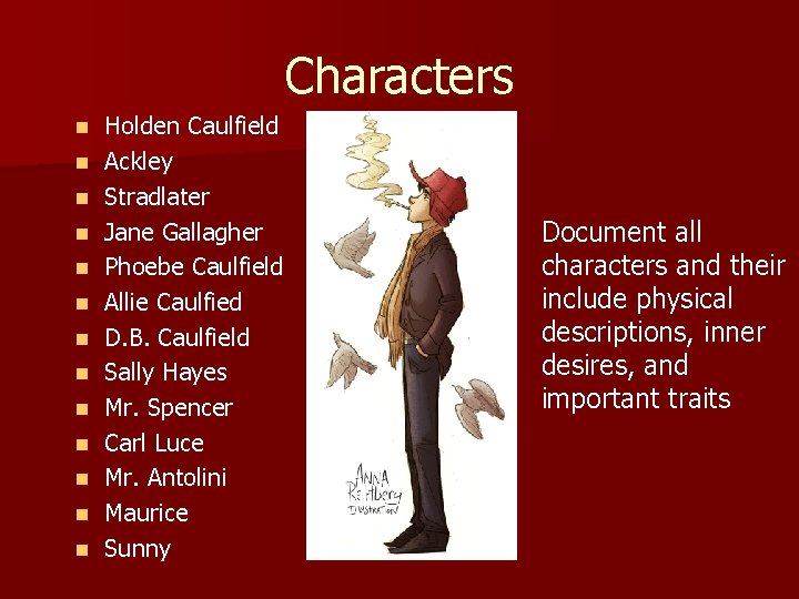 Characters n n n n Holden Caulfield Ackley Stradlater Jane Gallagher Phoebe Caulfield Allie