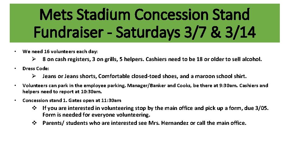 Mets Stadium Concession Stand Fundraiser - Saturdays 3/7 & 3/14 • We need 16