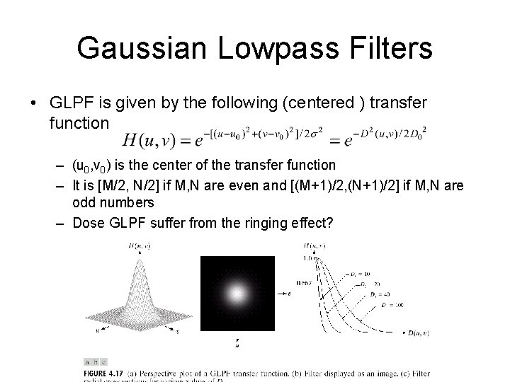 Gaussian Lowpass Filters • GLPF is given by the following (centered ) transfer function