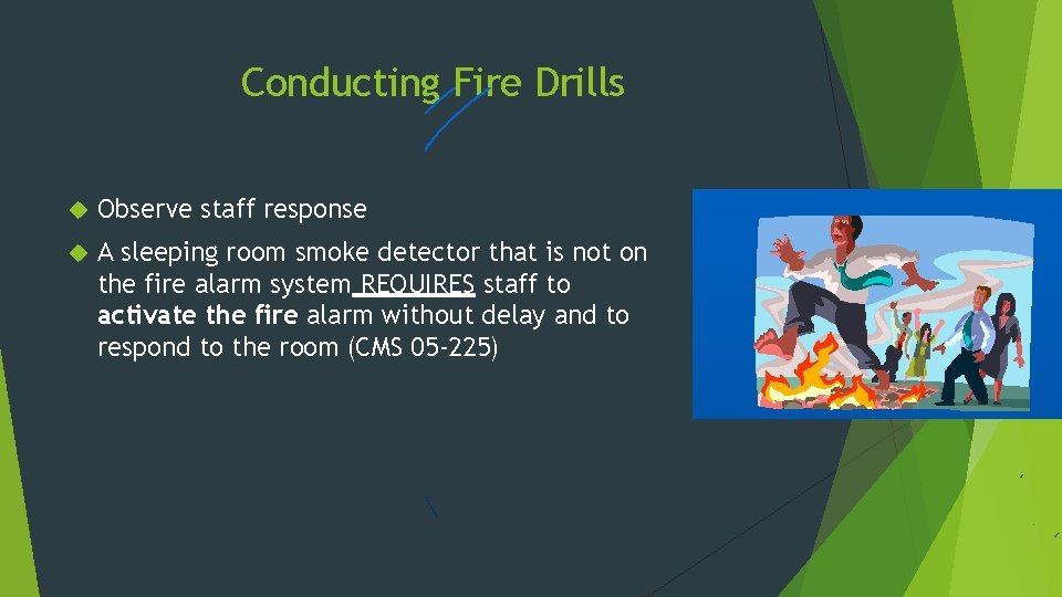 Conducting Fire Drills Observe staff response A sleeping room smoke detector that is not