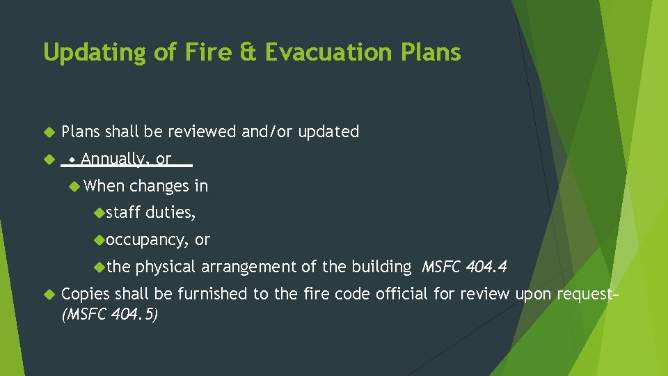 Updating of Fire & Evacuation Plans shall be reviewed and/or updated • Annually, or
