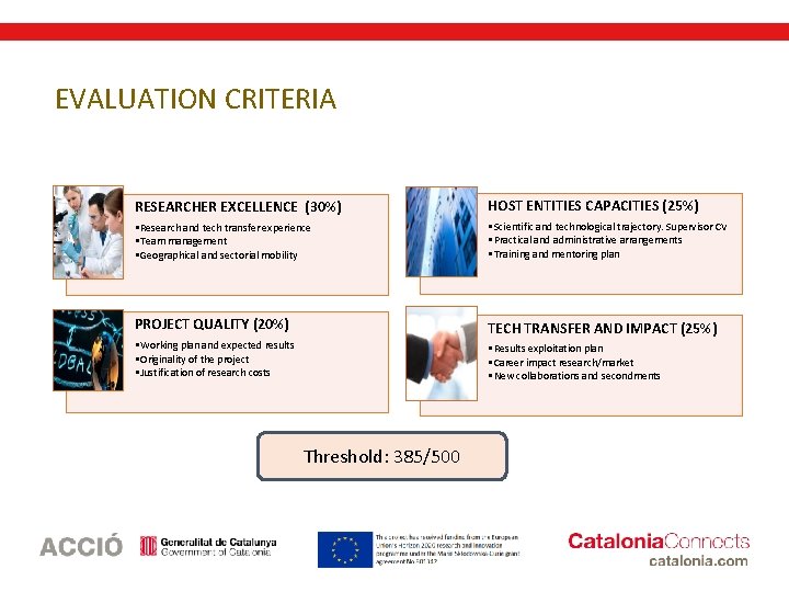 EVALUATION CRITERIA RESEARCHER EXCELLENCE (30%) HOST ENTITIES CAPACITIES (25%) • Research and tech transfer