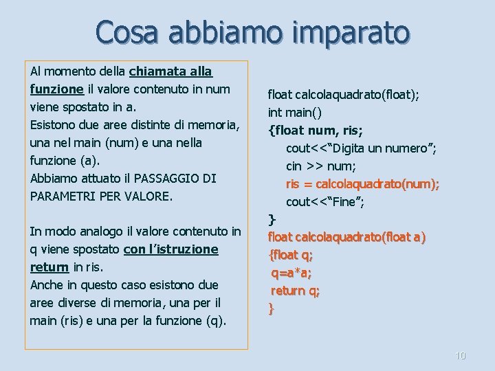 Cosa abbiamo imparato Al momento della chiamata alla funzione il valore contenuto in num