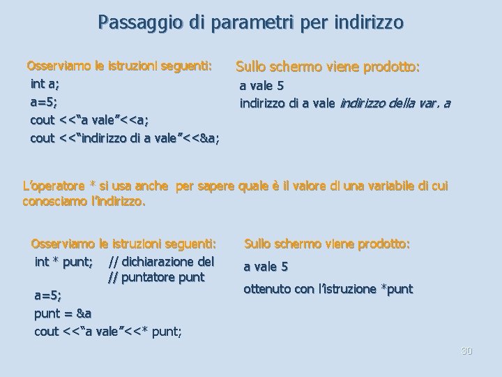 Passaggio di parametri per indirizzo Osserviamo le istruzioni seguenti: int a; a=5; cout <<“a