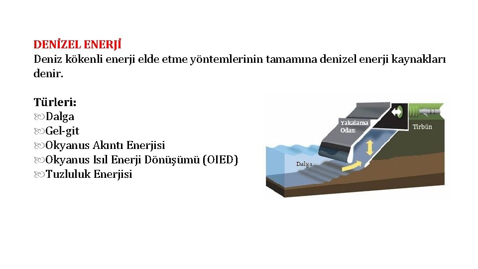 DENİZEL ENERJİ Deniz kökenli enerji elde etme yöntemlerinin tamamına denizel enerji kaynakları denir. Türleri: