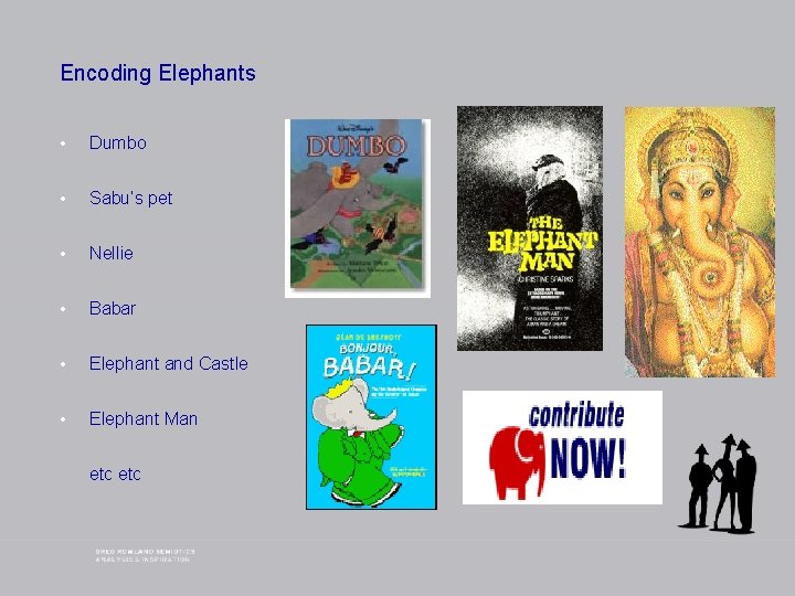 Encoding Elephants • Dumbo • Sabu’s pet • Nellie • Babar • Elephant and