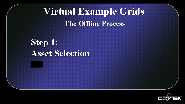 Virtual Example Grids The Offline Process Step 1: Asset Selection 