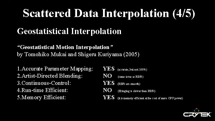 Scattered Data Interpolation (4/5) Geostatistical Interpolation “Geostatistical Motion Interpolation” by Tomohiko Mukai and Shigeru
